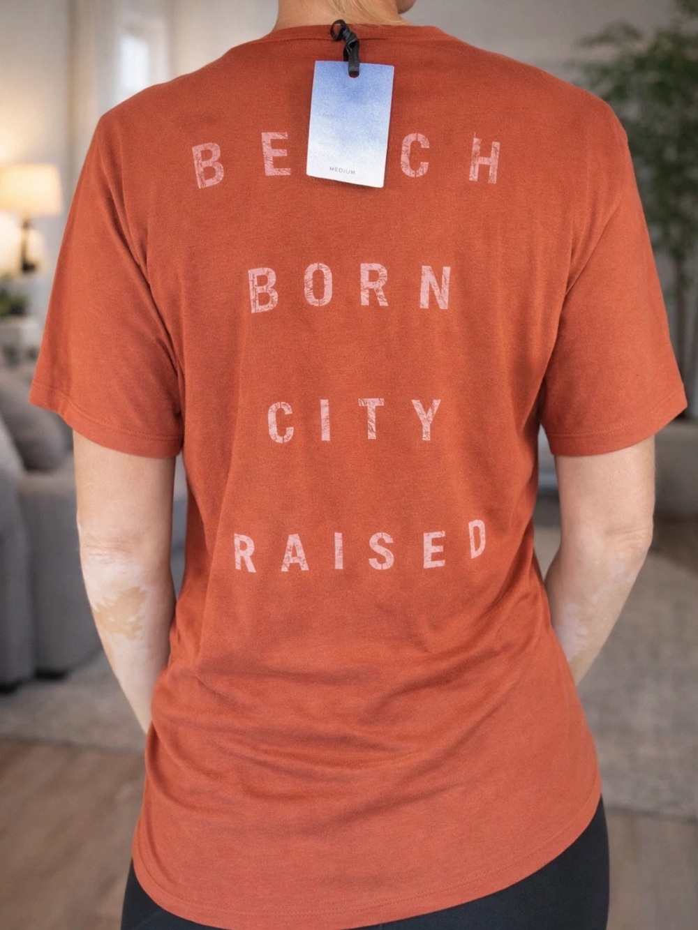 Beach Born City Raised"  T-Shirt Size M Orange Rust Graphic Tee